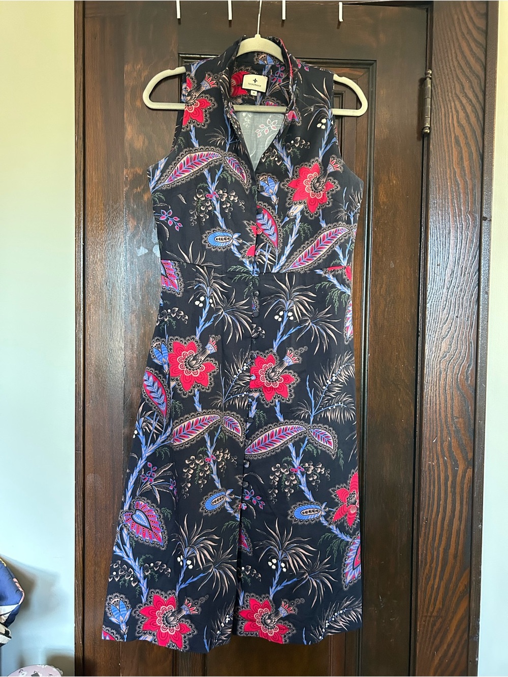 Tuckernuck Black Floral Sleeveless Dress with red & deep lilac Accents, Sz M